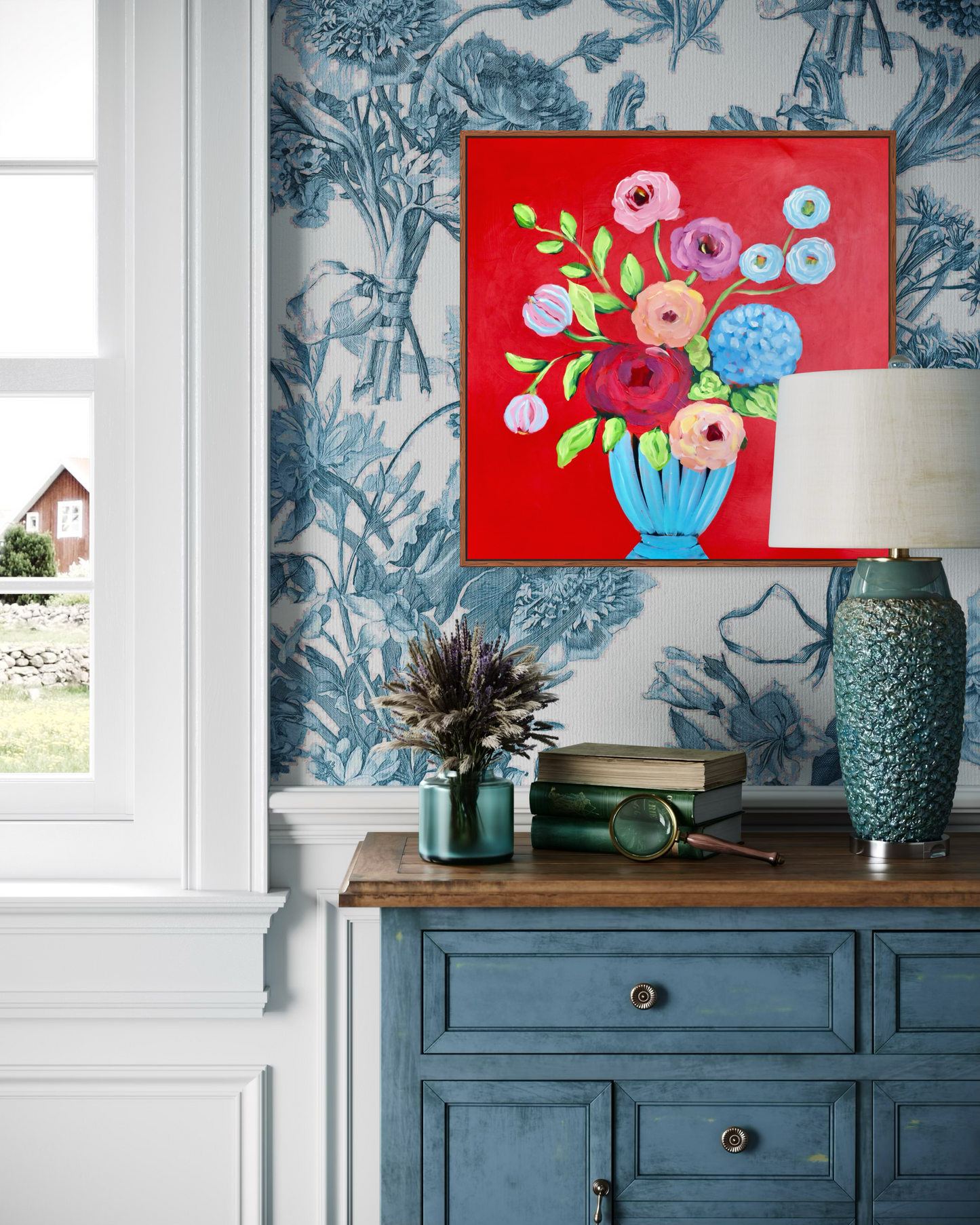 Blue Vase in a Red Room 30x30 Framed
