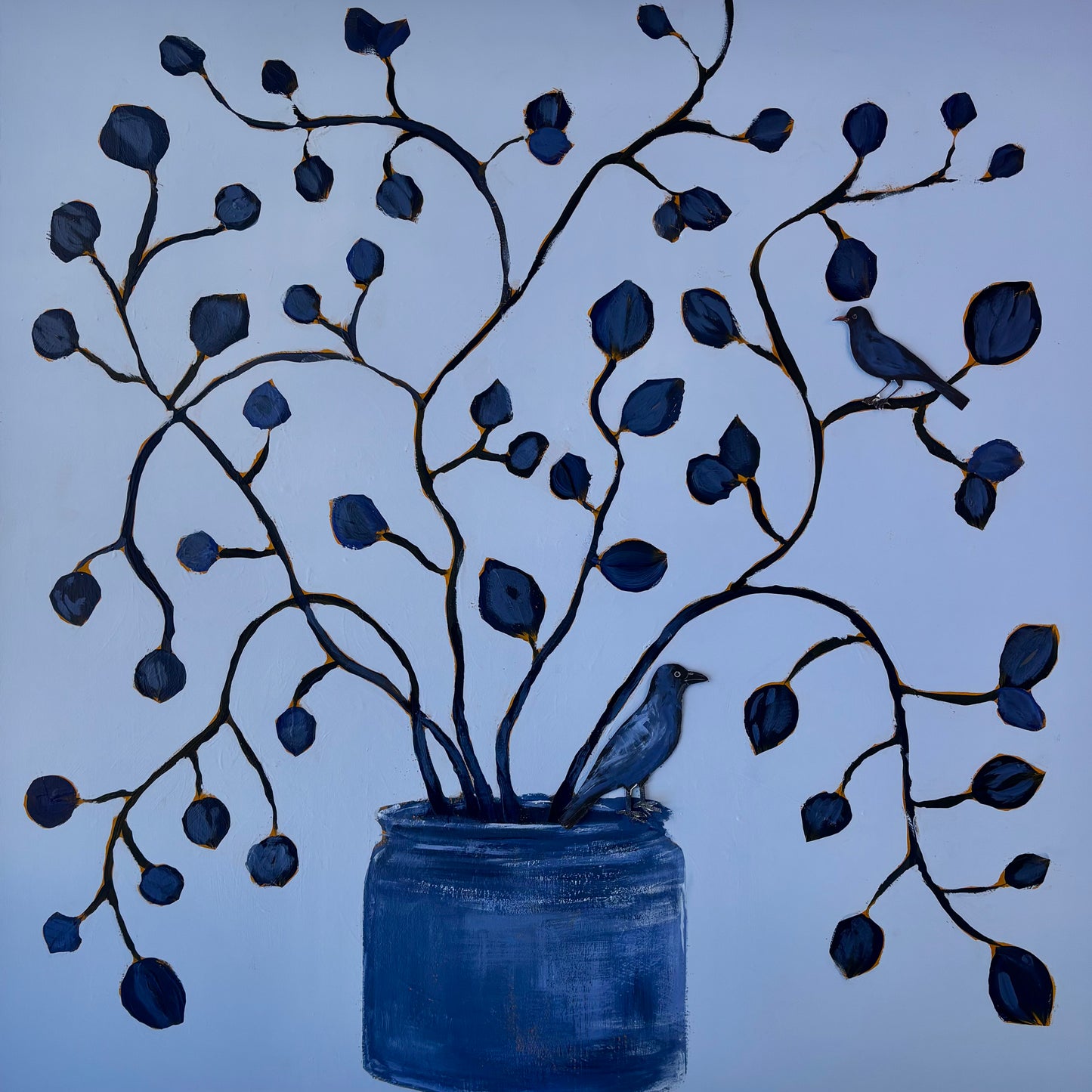 Large Painting Folk Songbirds & Branches 35x35