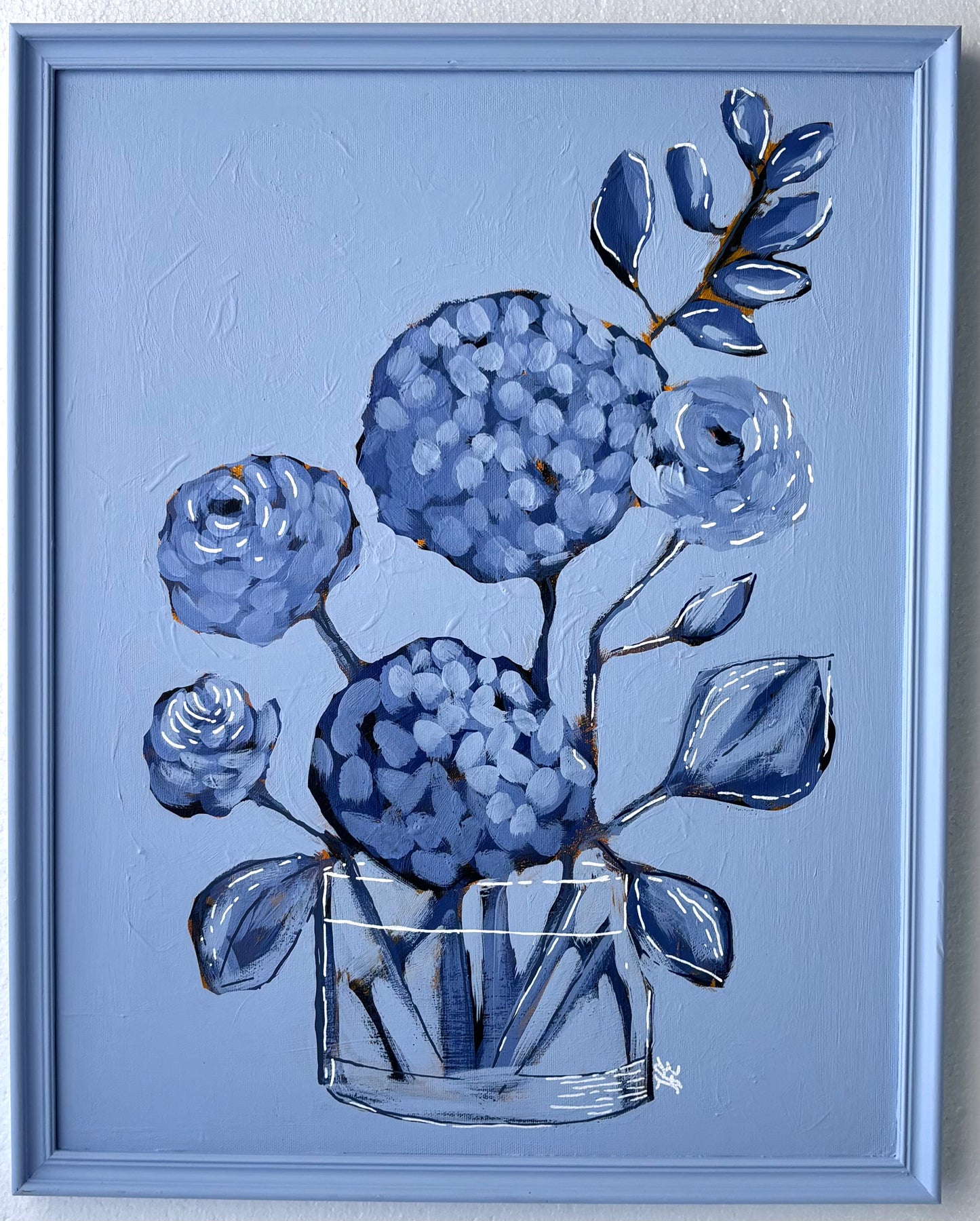 Blue Hydrangea Arrangement 16x20 Framed