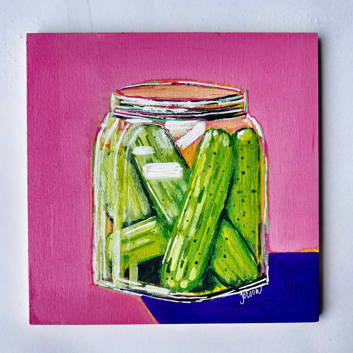 jar of pickles painting on 8x8" wood panel