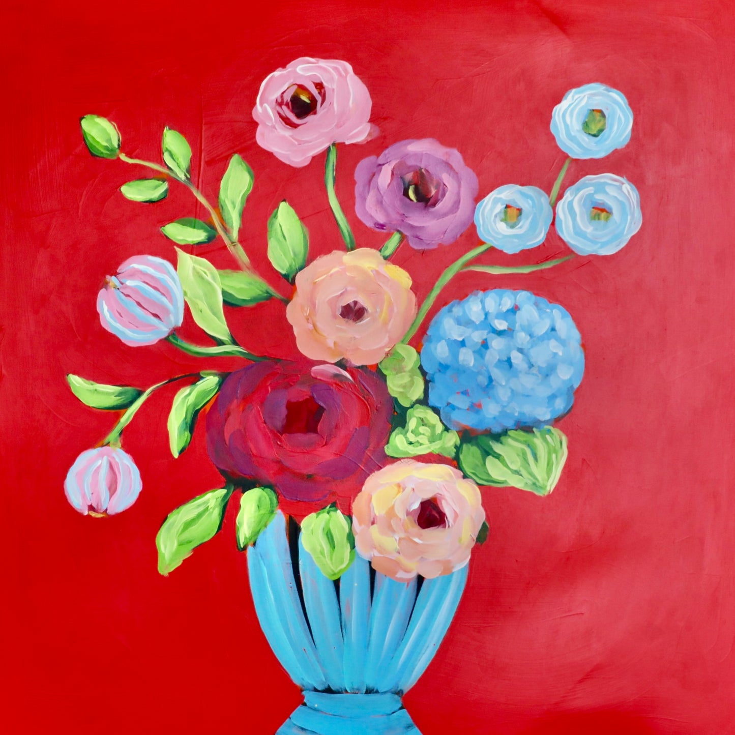 Blue Vase in a Red Room 30x30 Framed