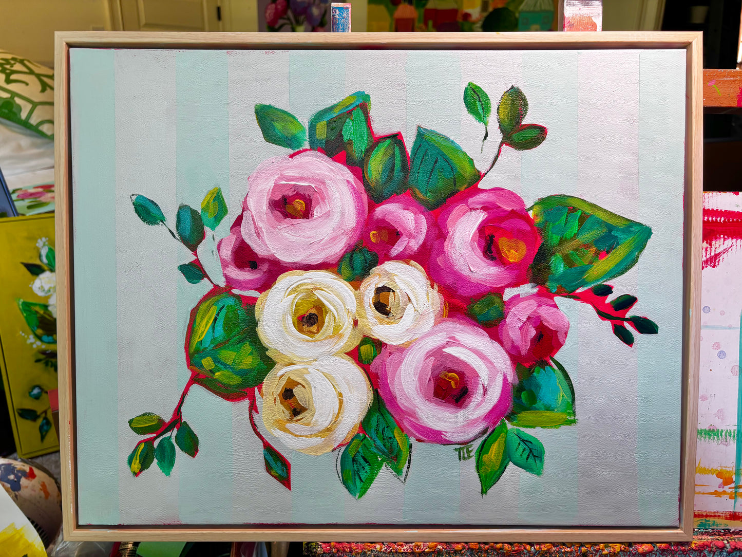 Gathered 16x20 Framed orginal Striped Floral Painting