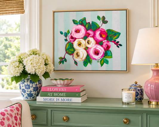 Gathered 16x20 Framed orginal Striped Floral Painting