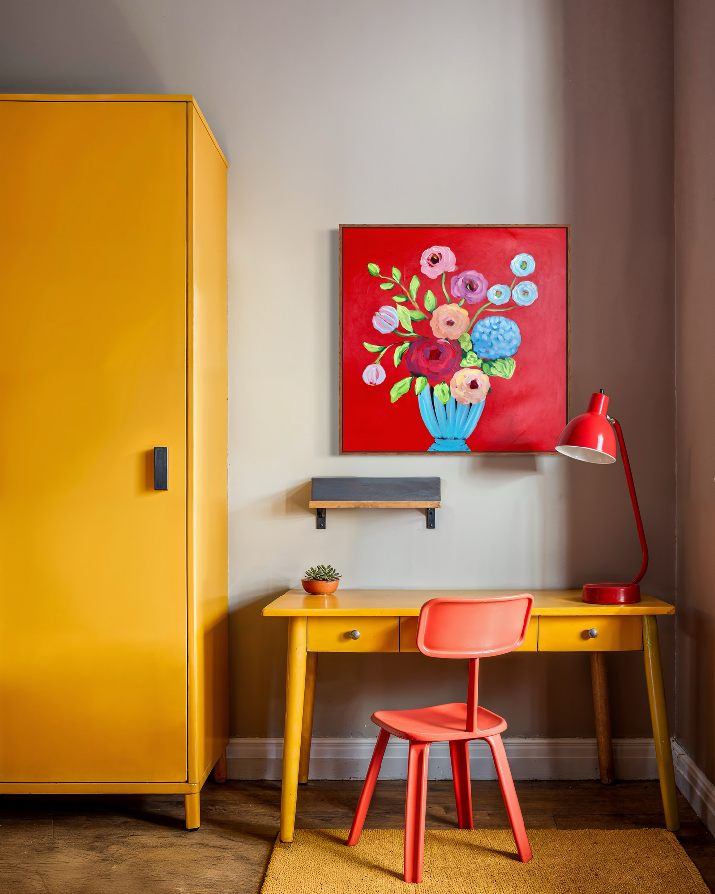 Blue Vase in a Red Room 30x30 Framed