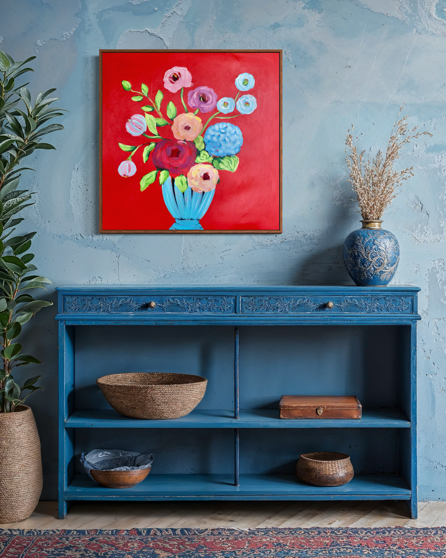 Blue Vase in a Red Room 30x30 Framed