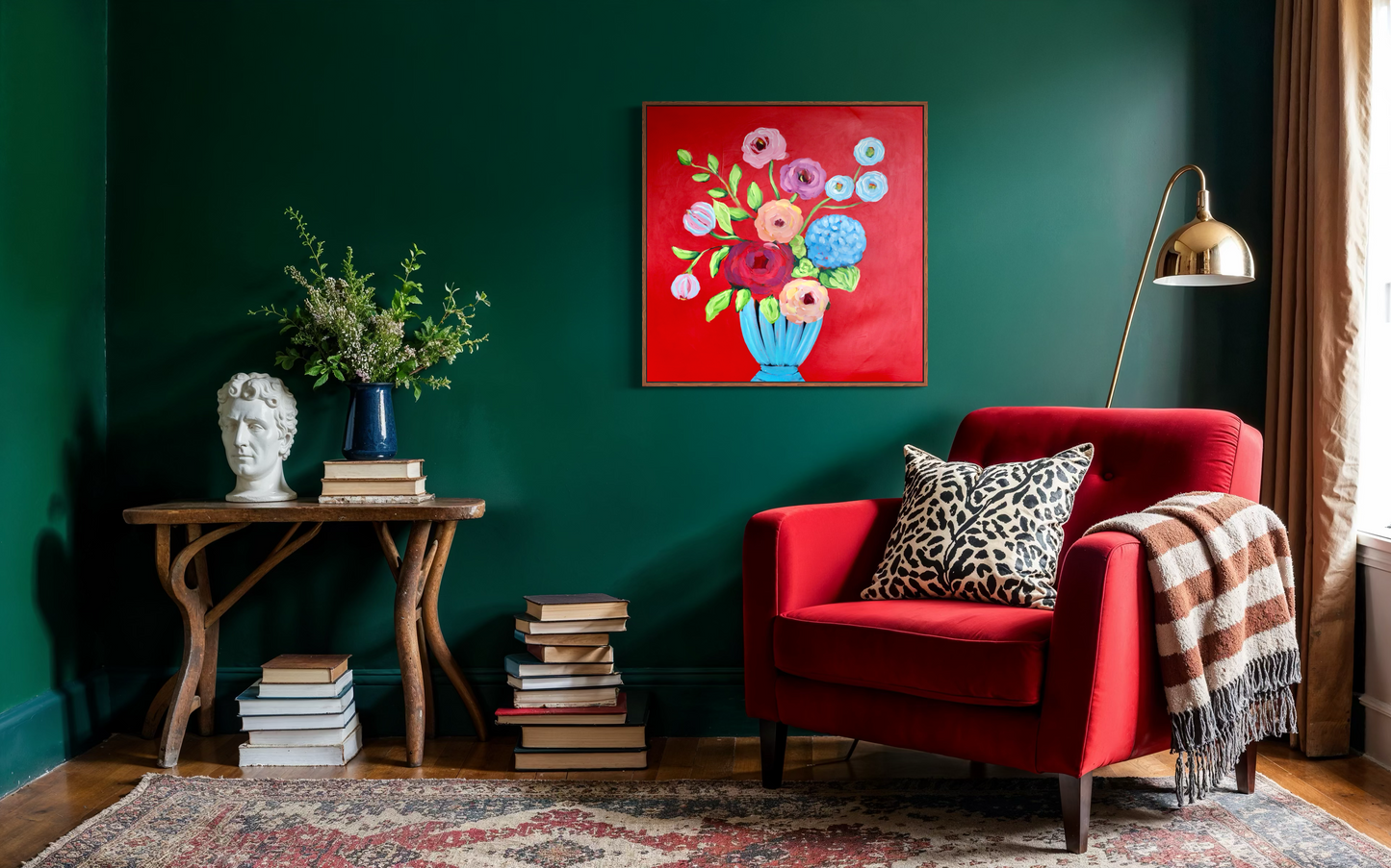 Blue Vase in a Red Room 30x30 Framed