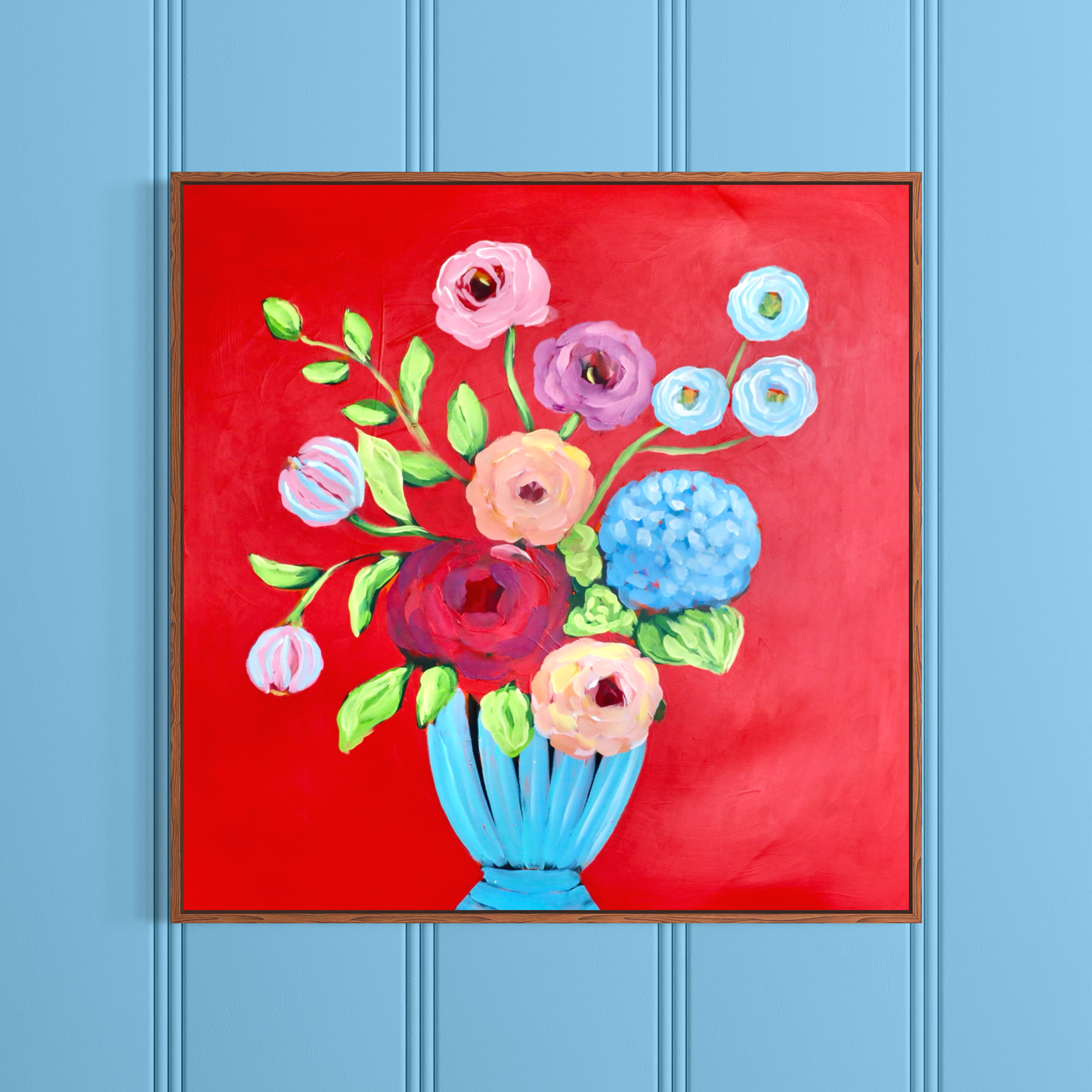 Blue Vase in a Red Room 30x30 Framed