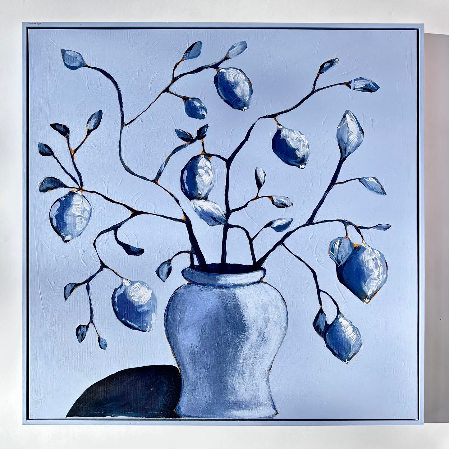 Lemon Branches in Blue 30x30 Framed