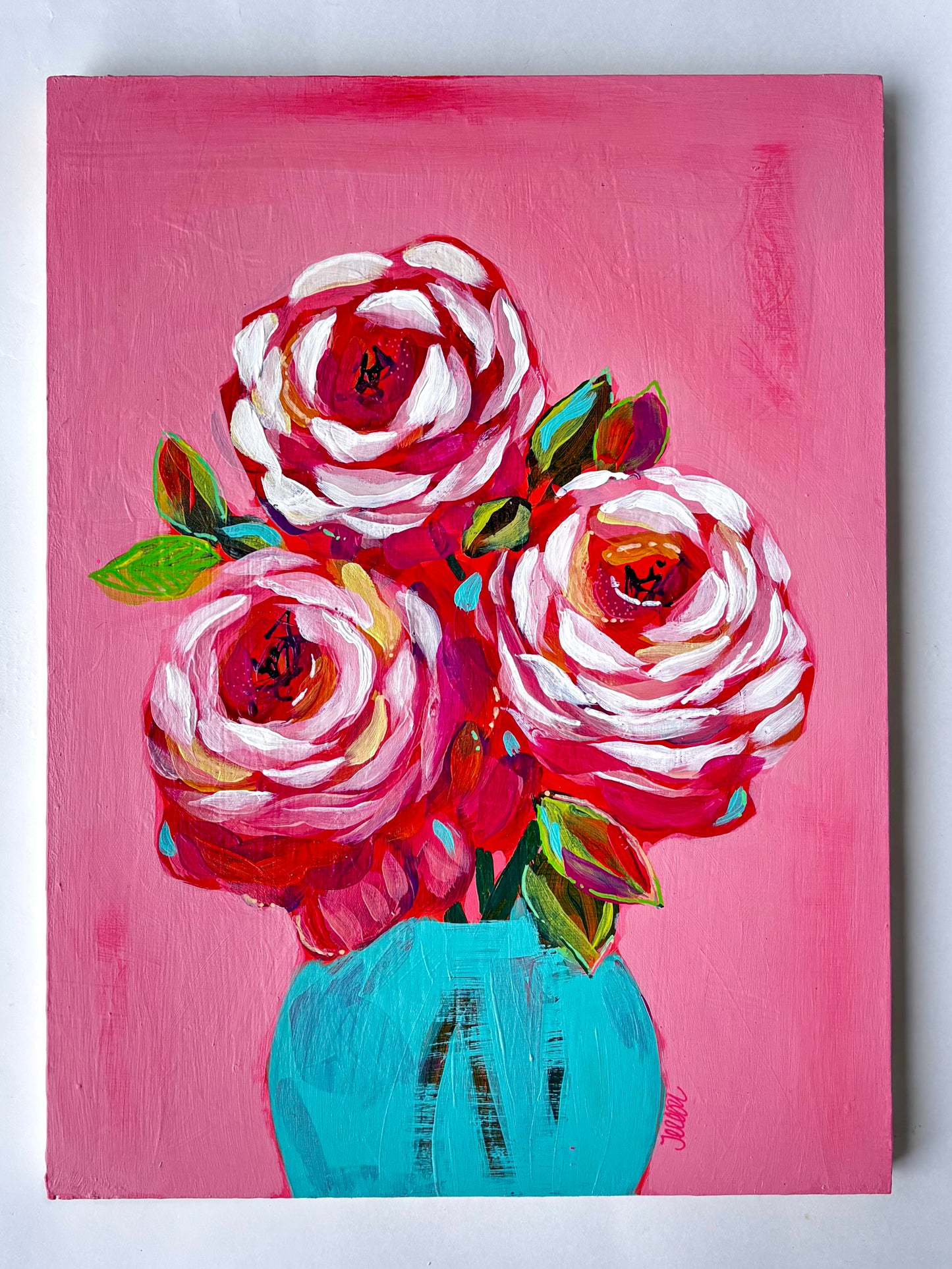 Trio of Peonies in aqua vase 12x16 on Wood Panel