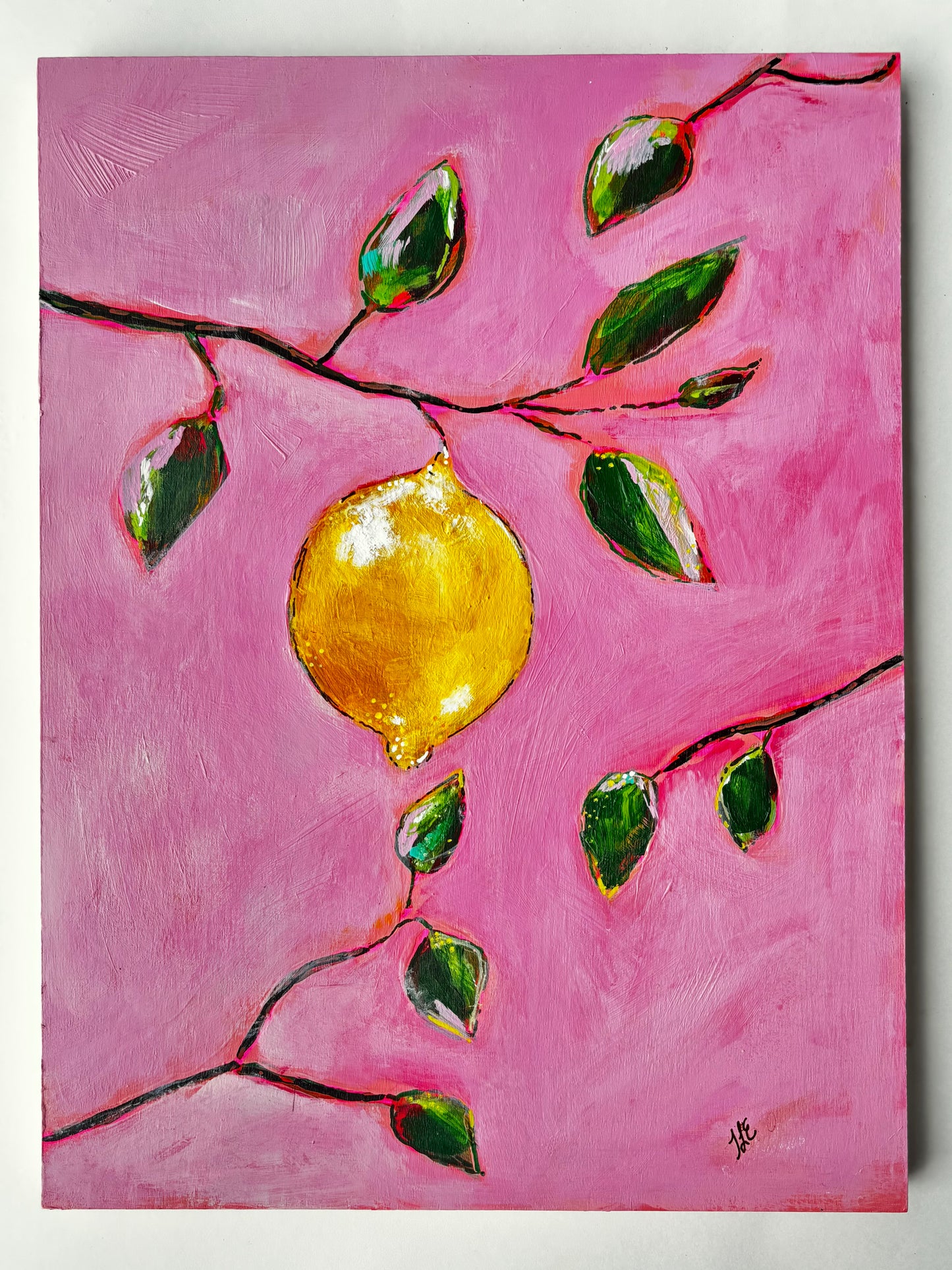 Single Lemon on a branch 12x16 on Wood Panel