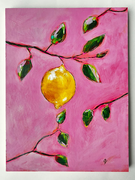 Single Lemon on a branch 12x16 on Wood Panel