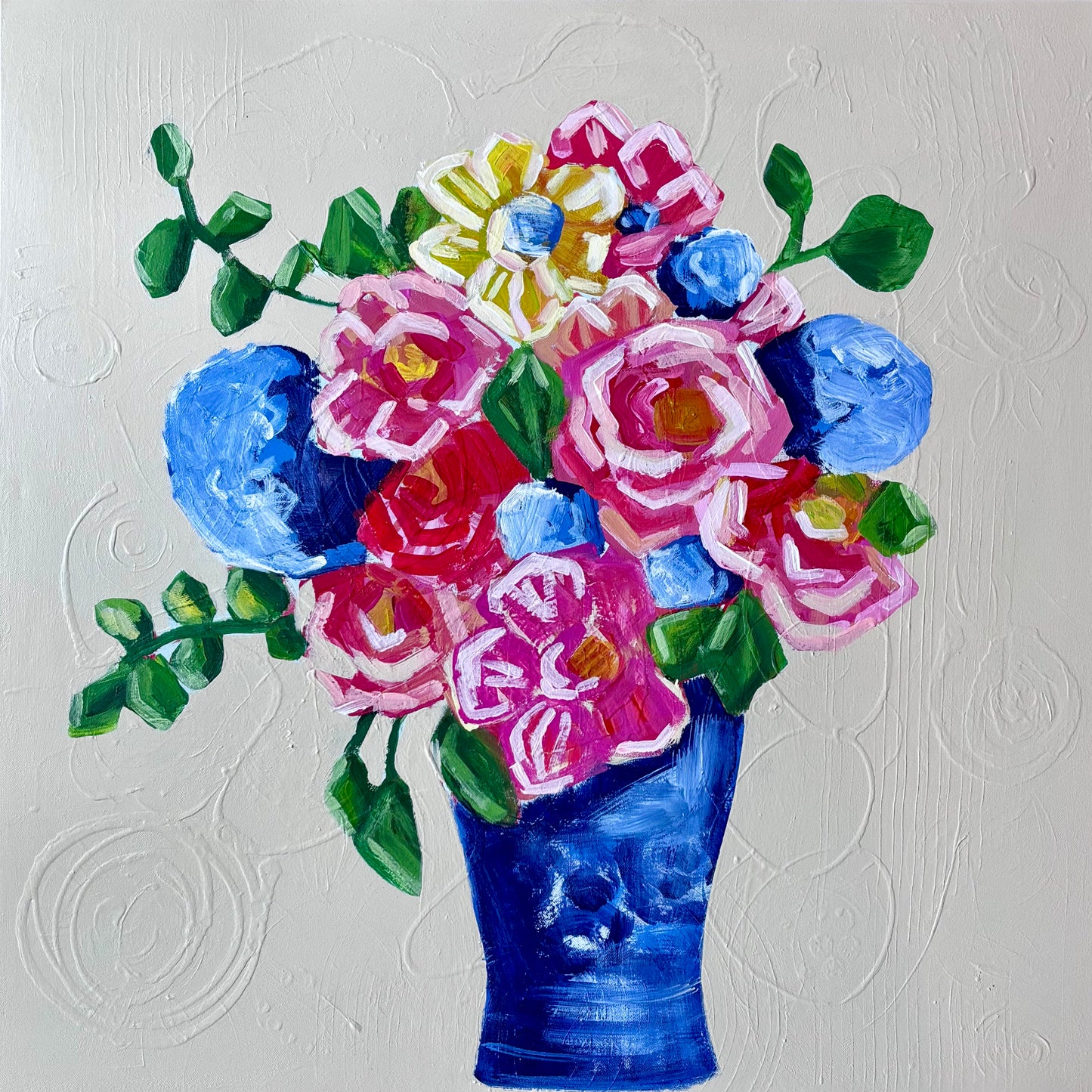 Textured Bouquet in Blue Vase 30x30"