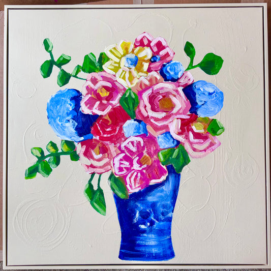Textured Bouquet in Blue Vase 30x30"